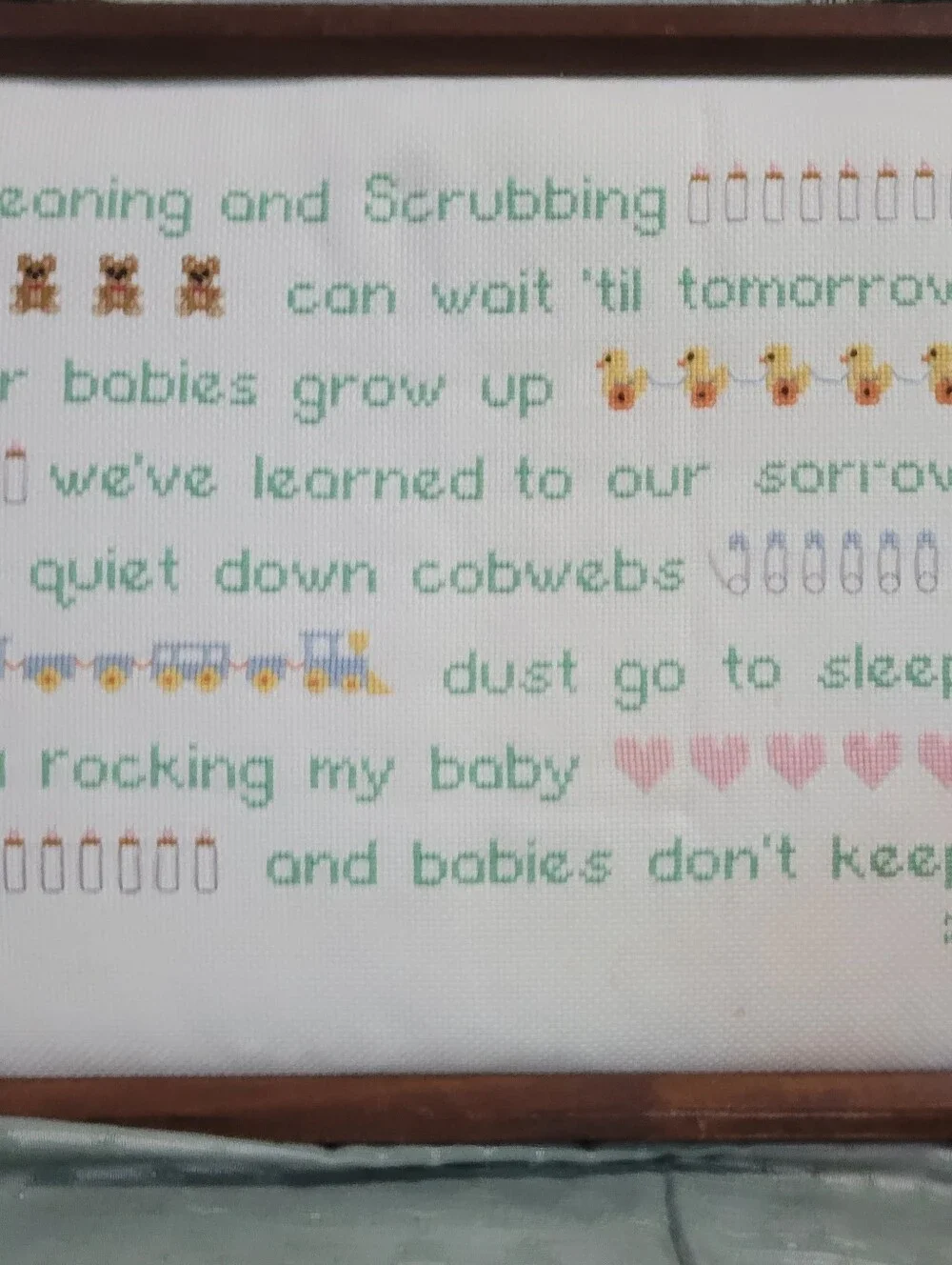 Vintage Framed Handmade Cross-Stitch Baby Lyrics Wall Art in Green and Pink